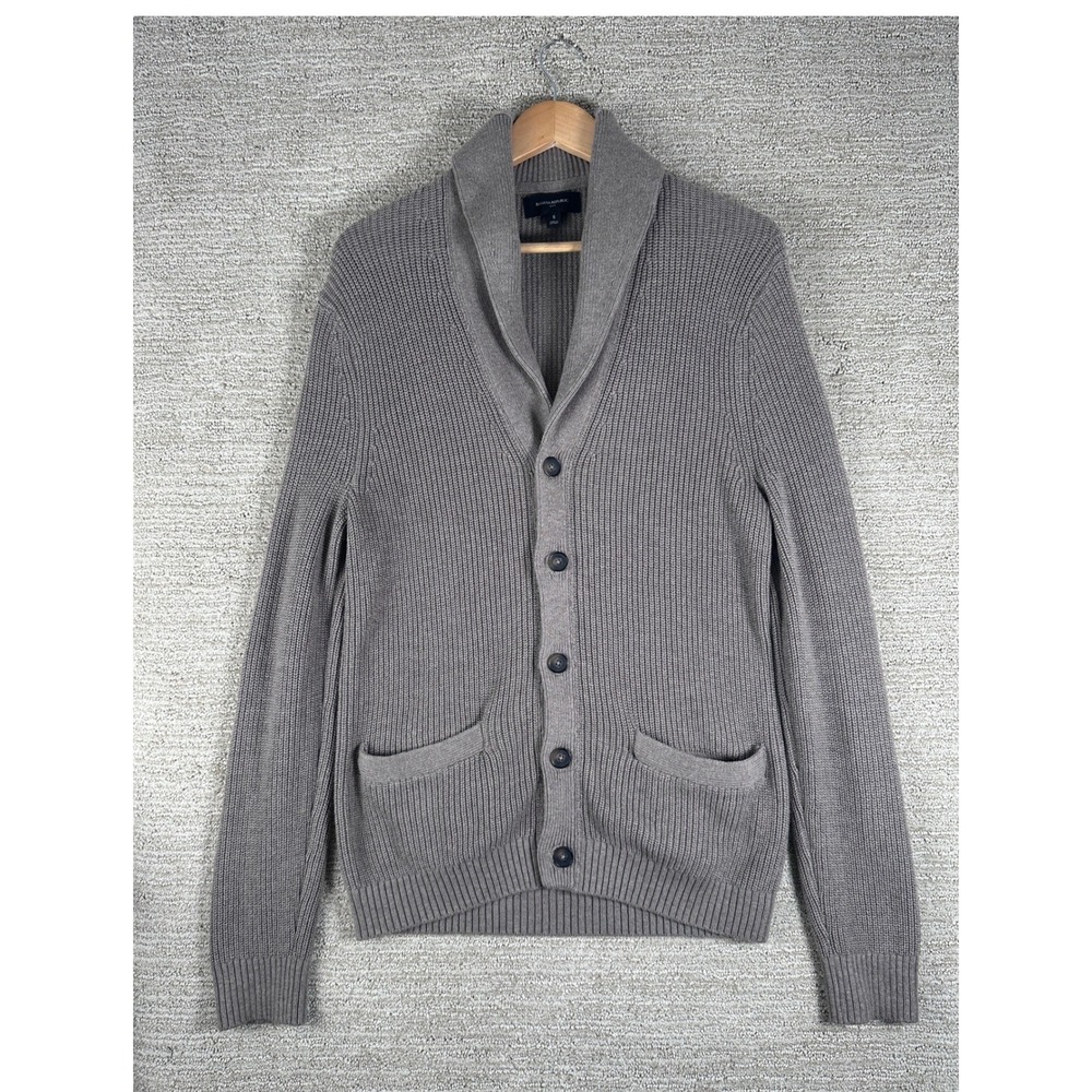 Banana Republic Mens Shawl Collar Cardigan Sweater Taupe Gray Ribbed Knit Small